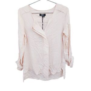 DKNY Womens Blouse Pink Long Sleeve 100% Rayon High Low Roll Tab S New $99